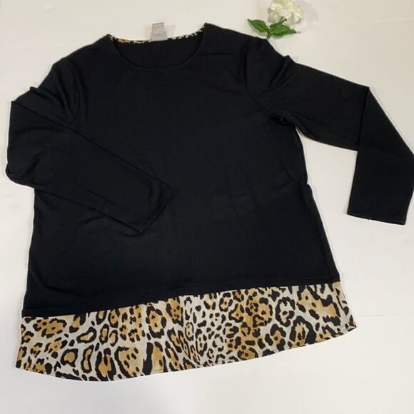 Chico's Animal Cheetah‎ Print Long Sleeve Swing Top Crew Sweater Black/Cream M - Picture 1 of 15